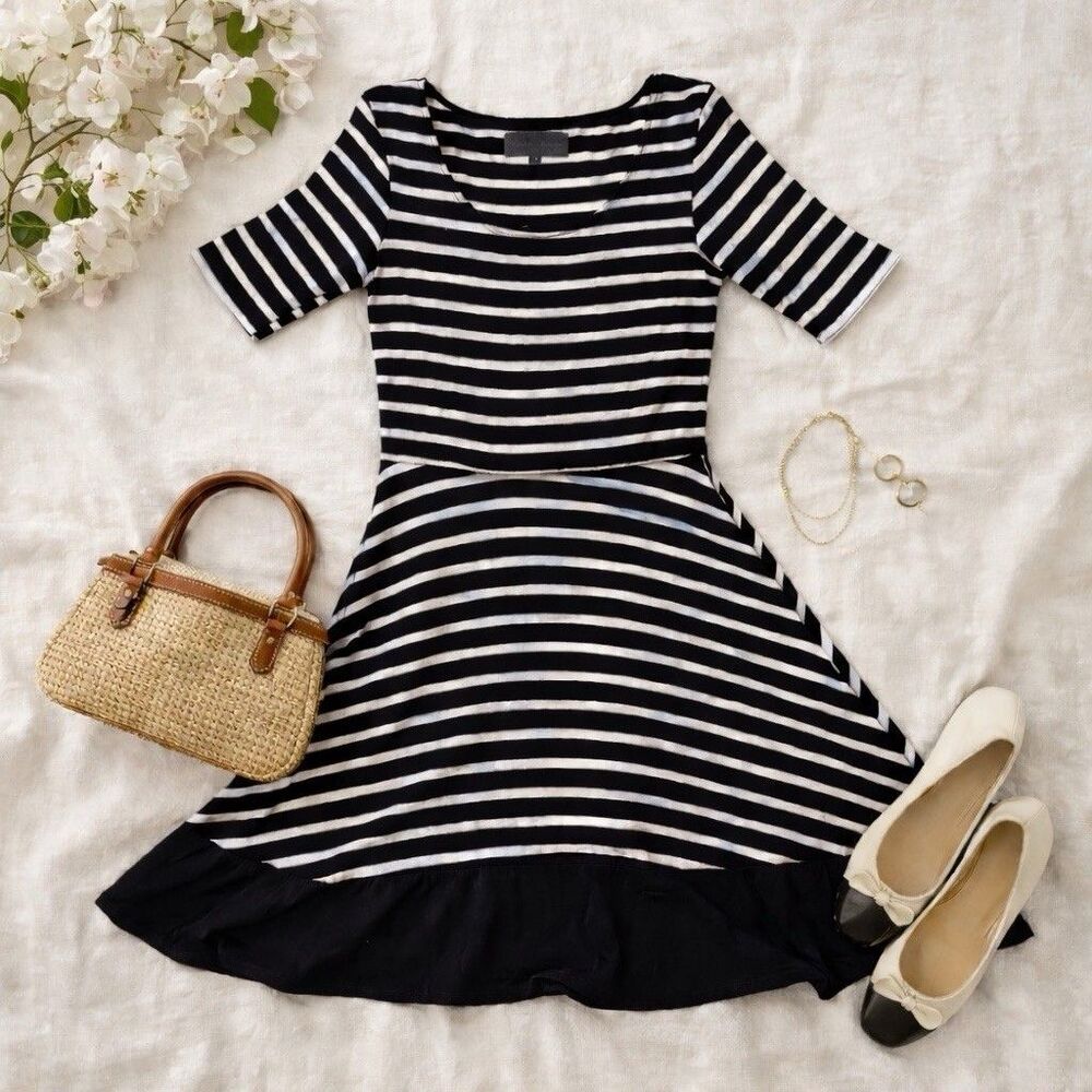 Fit Flare Stripe Dress Black White Balletcore Anthropologie Sunday In Brooklyn S